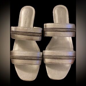 Rebecca Minkoff zipper detail sandals slides flats silver pewter leather sz 8.5